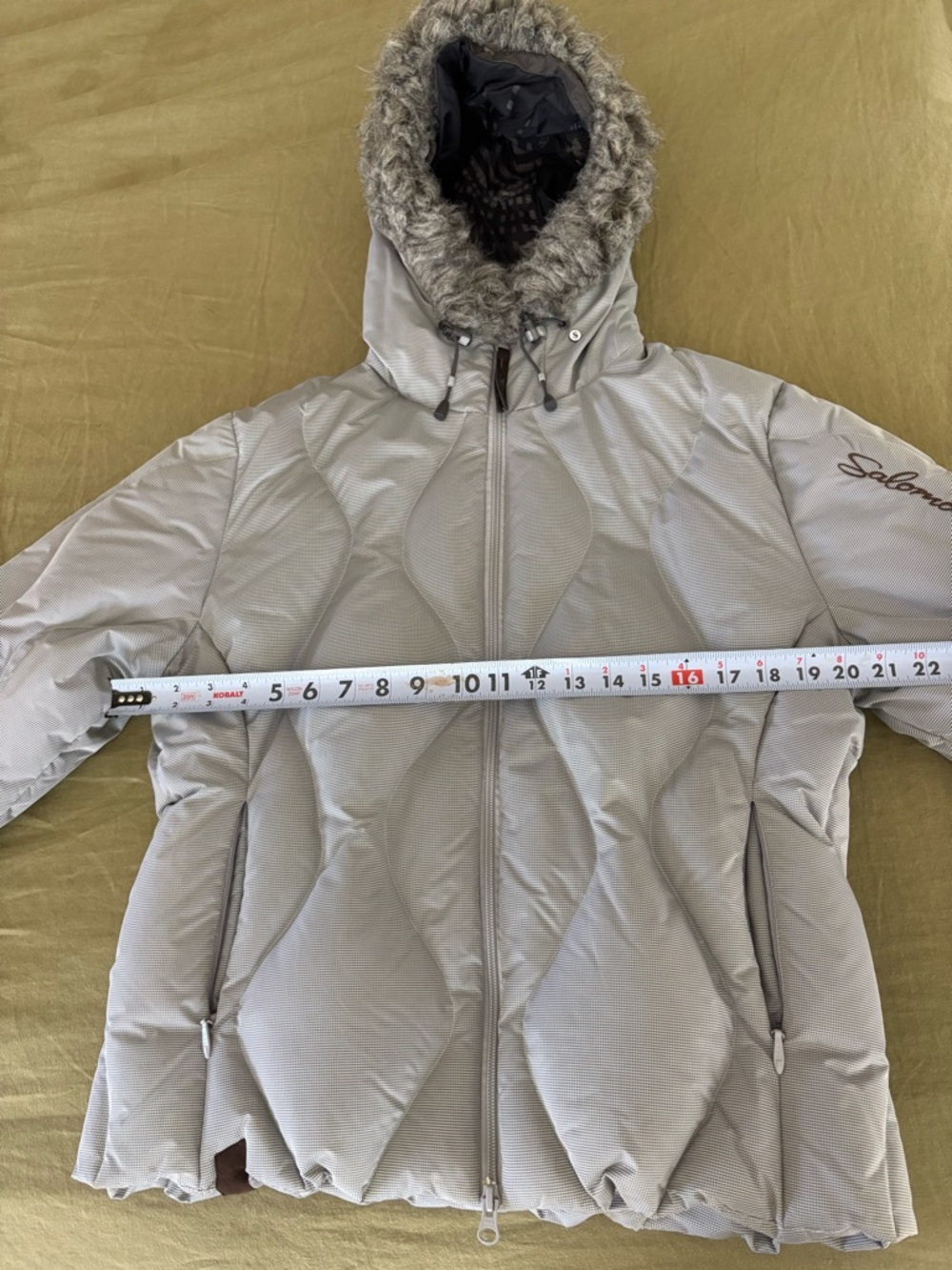 Salomon Women's Light Gray Quilted Puffer Jacket with Faux Fur Hood